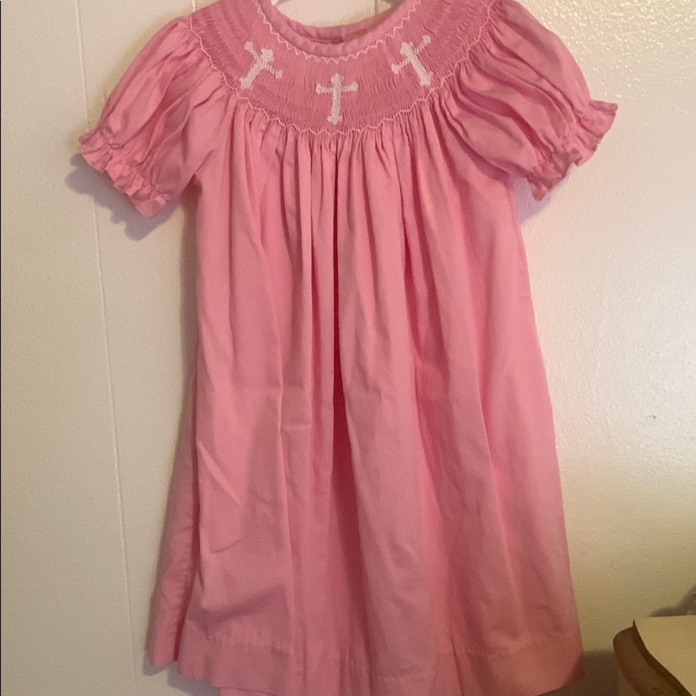 Pink Smocked Dress with Cross Embroidery
